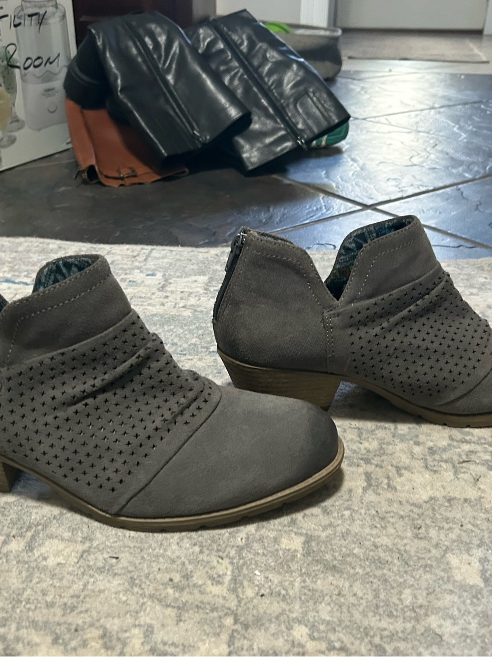 Women's Gray Suede Perforated Ankle Booties